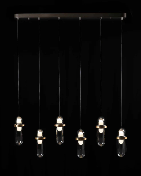 Celesta Beam – 6-Light Linear Chandelier with Smoky Glass Globes