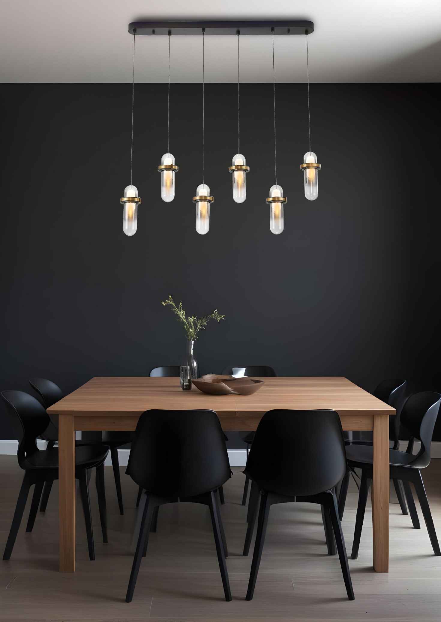 Celesta Beam – 6-Light Linear Chandelier with Smoky Glass Globes