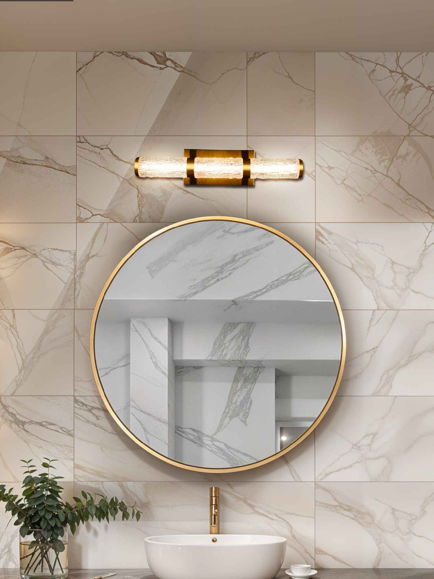 Satin Brass Mirror Light – 21W LED with Crackled Acrylic Diffuser