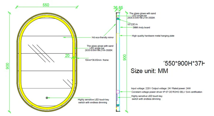 Curved Edge Gold Mirror with LED Backlight – 24W | 550 × 900mm