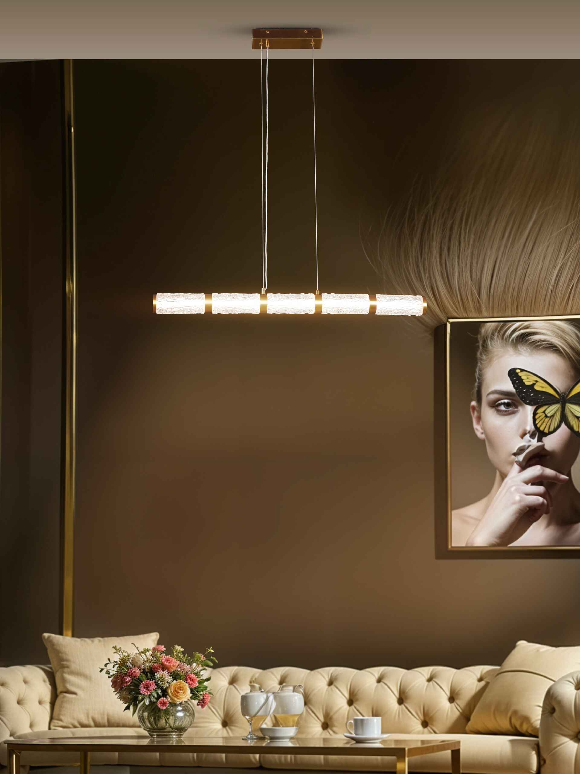 Vetra Linear Pendant – Satin Brass with Crackled Glass (26W LED, 3-CCT)