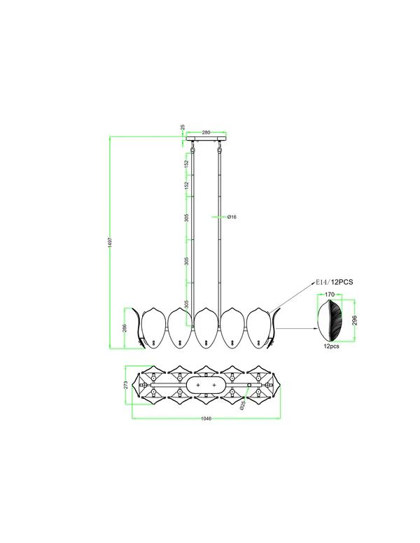Amber Linea – 12-Light Linear Pendant in Brass with Artisan Glass
